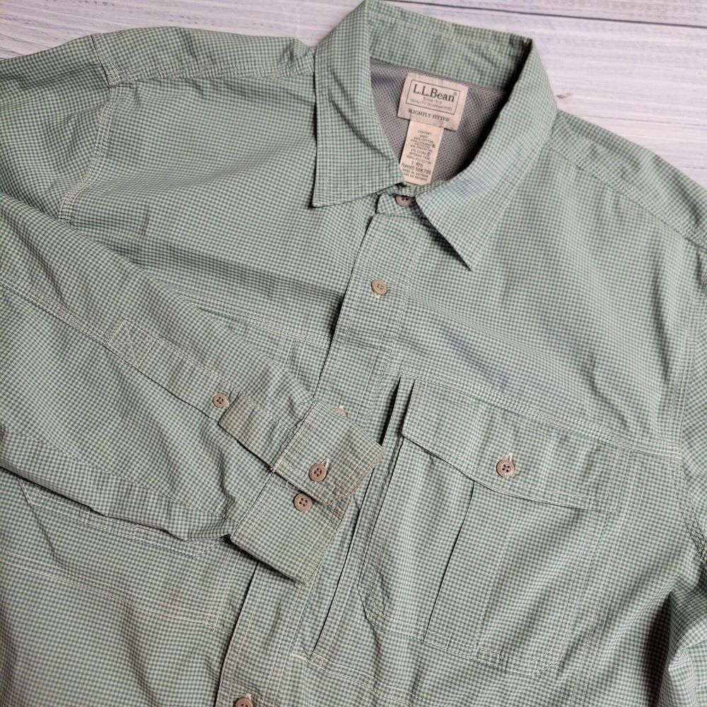 LL Bean Shirt Mens Large Green Check Long Sleeve Roll Tab Lakeside Performance
